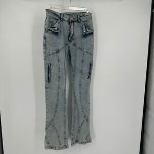 Queen Maria Womens Y2K Moto Jeans Size S Low Rise Flare Acid Wash Zipper Grunge